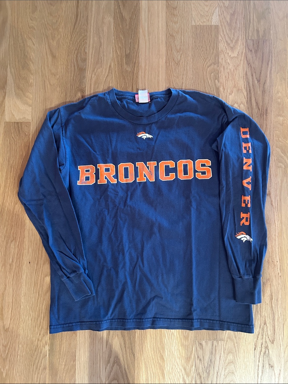 NFL Navy Long Sleeve T-Shirt with Orange and Cream Denver Broncos Logo, M